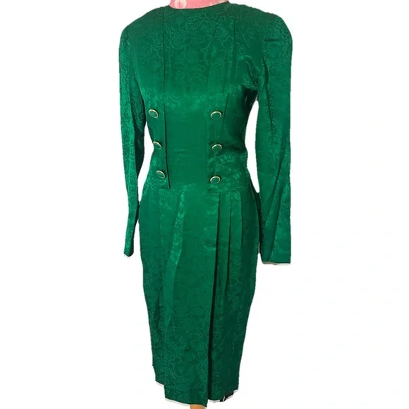 Vintage 90s Papéll Silk Green Floral Long Sleeve Pleated Sz 4 Button Midi Dress - Picture 1 of 7